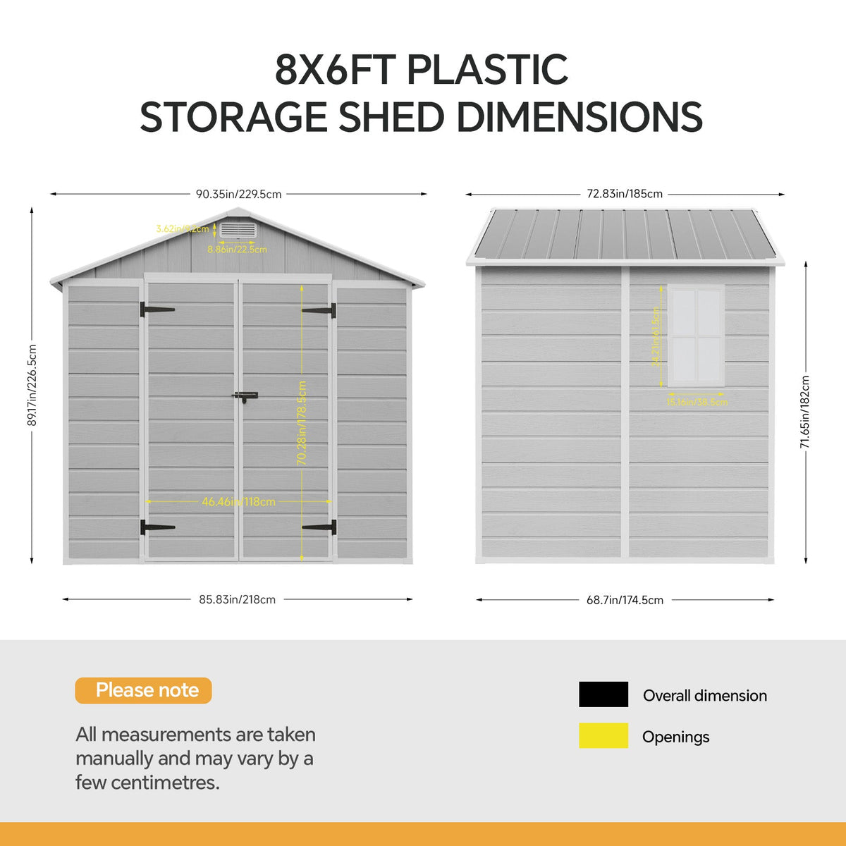 8 x 6 ft Plastic Garden Storage Shed with Apex Roof & Double Doors