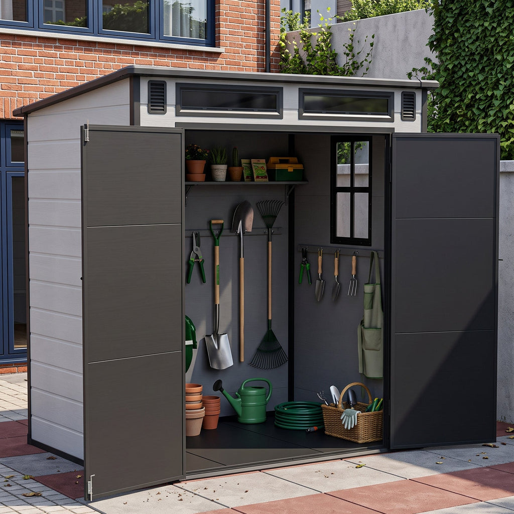 6 x 4 ft Plastic Garden Storage Shed with Pent Roof & Lockable Double Doors