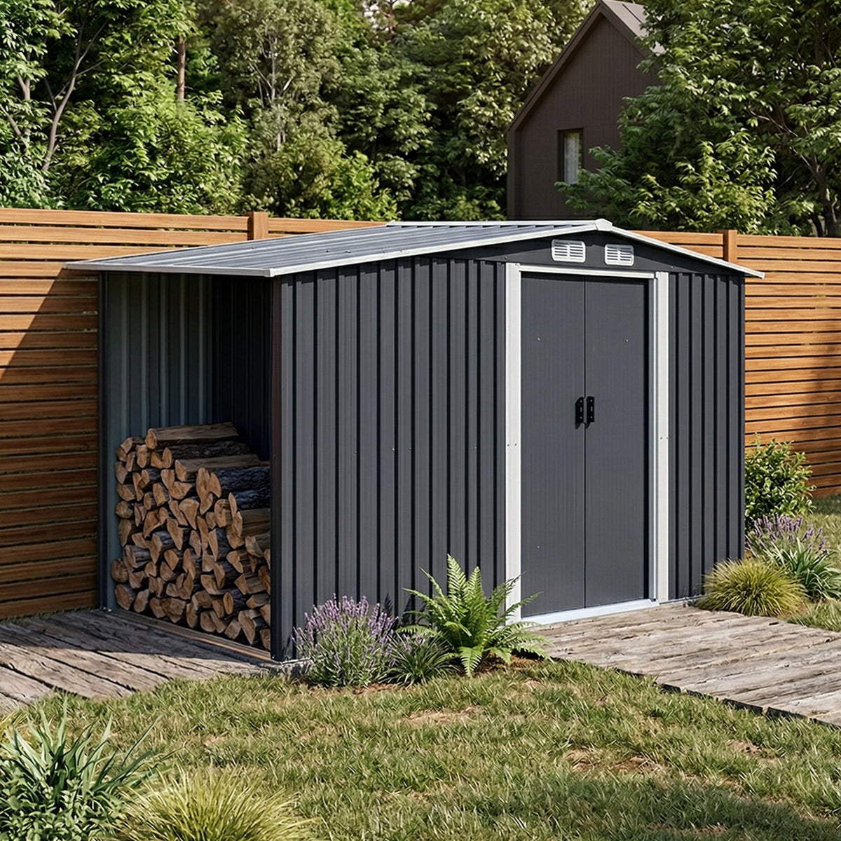 8 x 4 ft Metal Garden Storage Shed with Apex Roof & Integrated Log Store