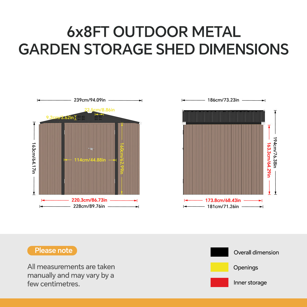 8 x 6 ft Metal Garden Storage Shed with Apex Roof & Lockable Double Doors