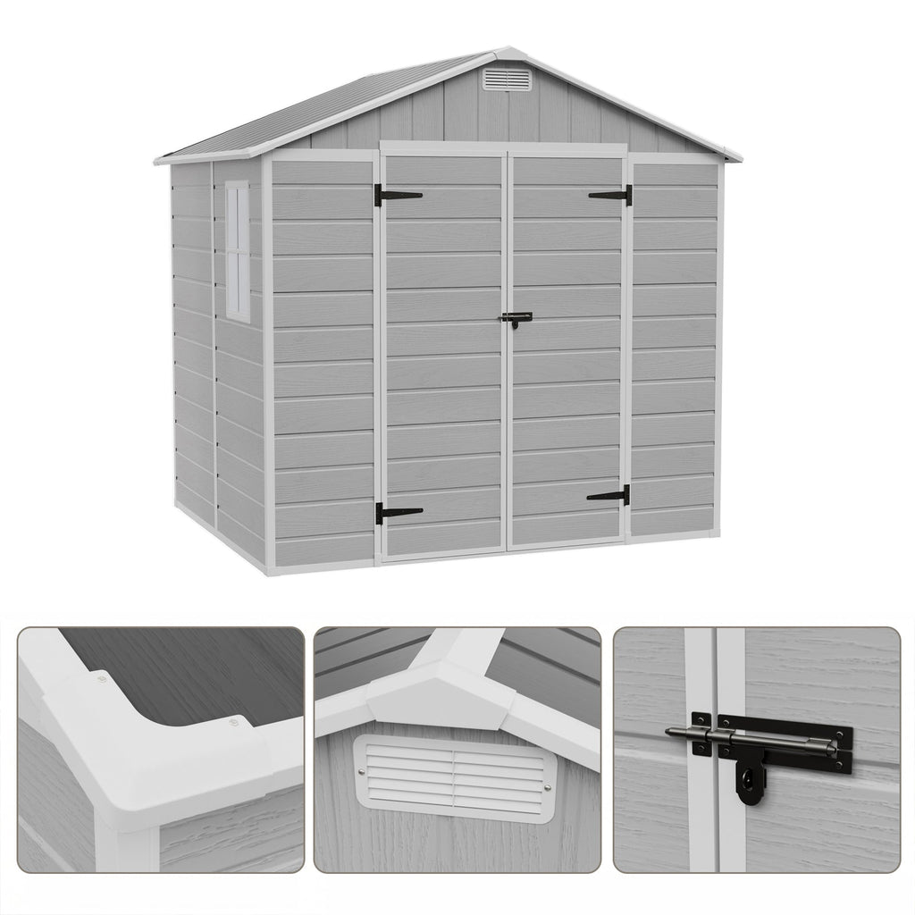 8 x 6 ft Plastic Garden Storage Shed with Apex Roof & Double Doors