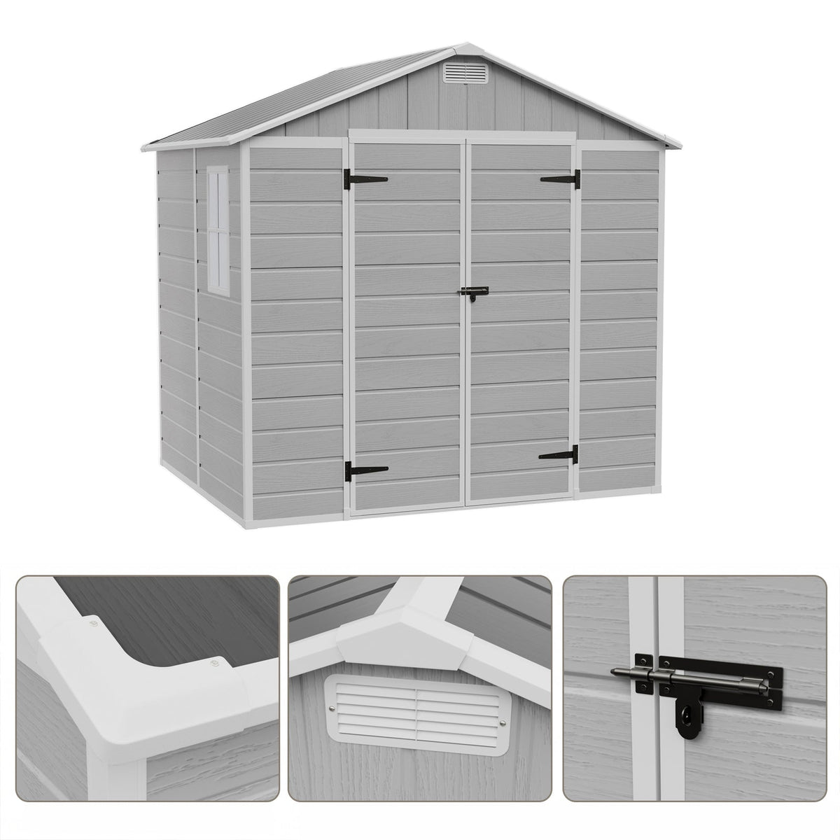 8 x 6 ft Plastic Garden Storage Shed with Apex Roof & Double Doors