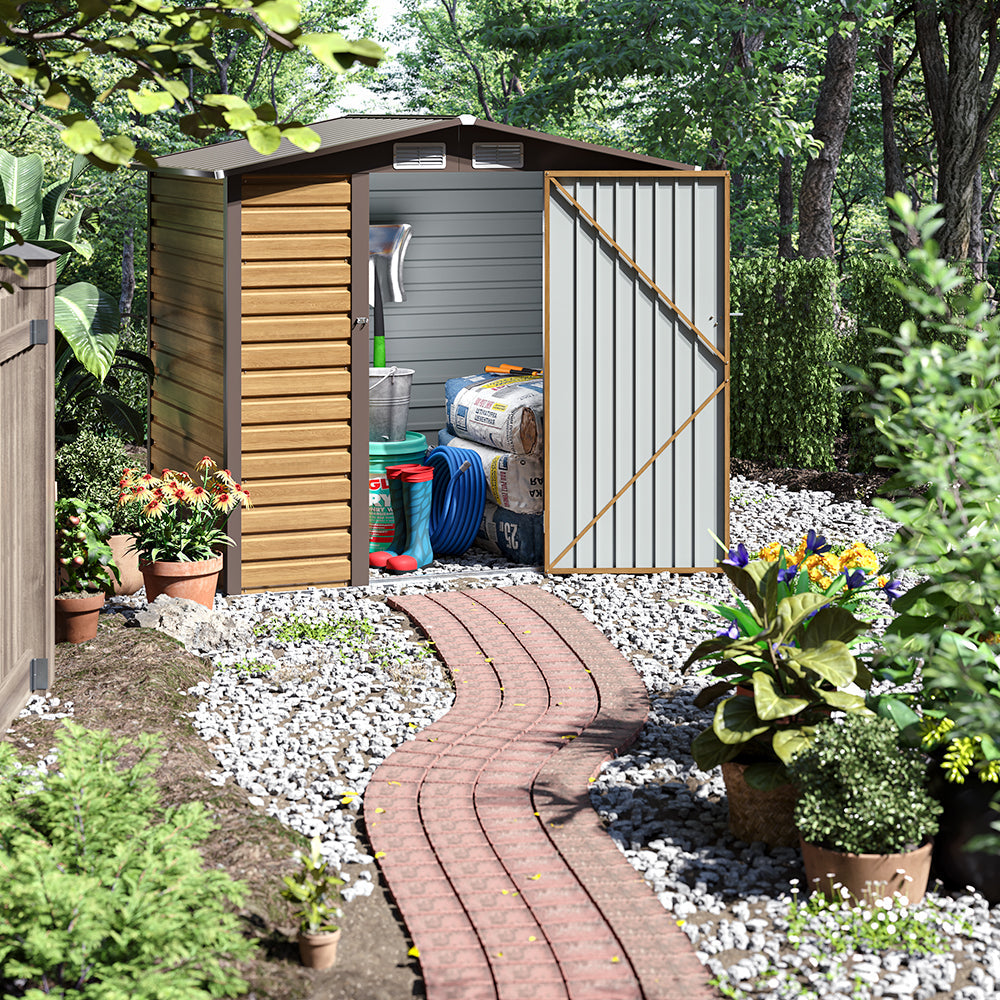 6 x 4 ft Wood Effect Galvanised Steel Garden Storage Shed with Apex Roof