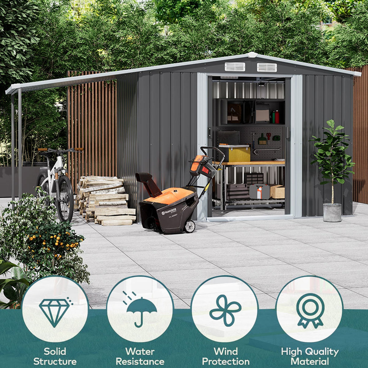 Metal Garden Storage Shed with Side Lean-to
