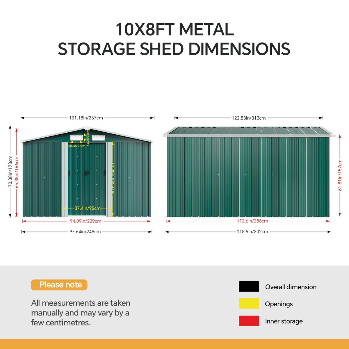8 x 10 ft Metal Garden Storage Shed with Apex Roof & Double Doors