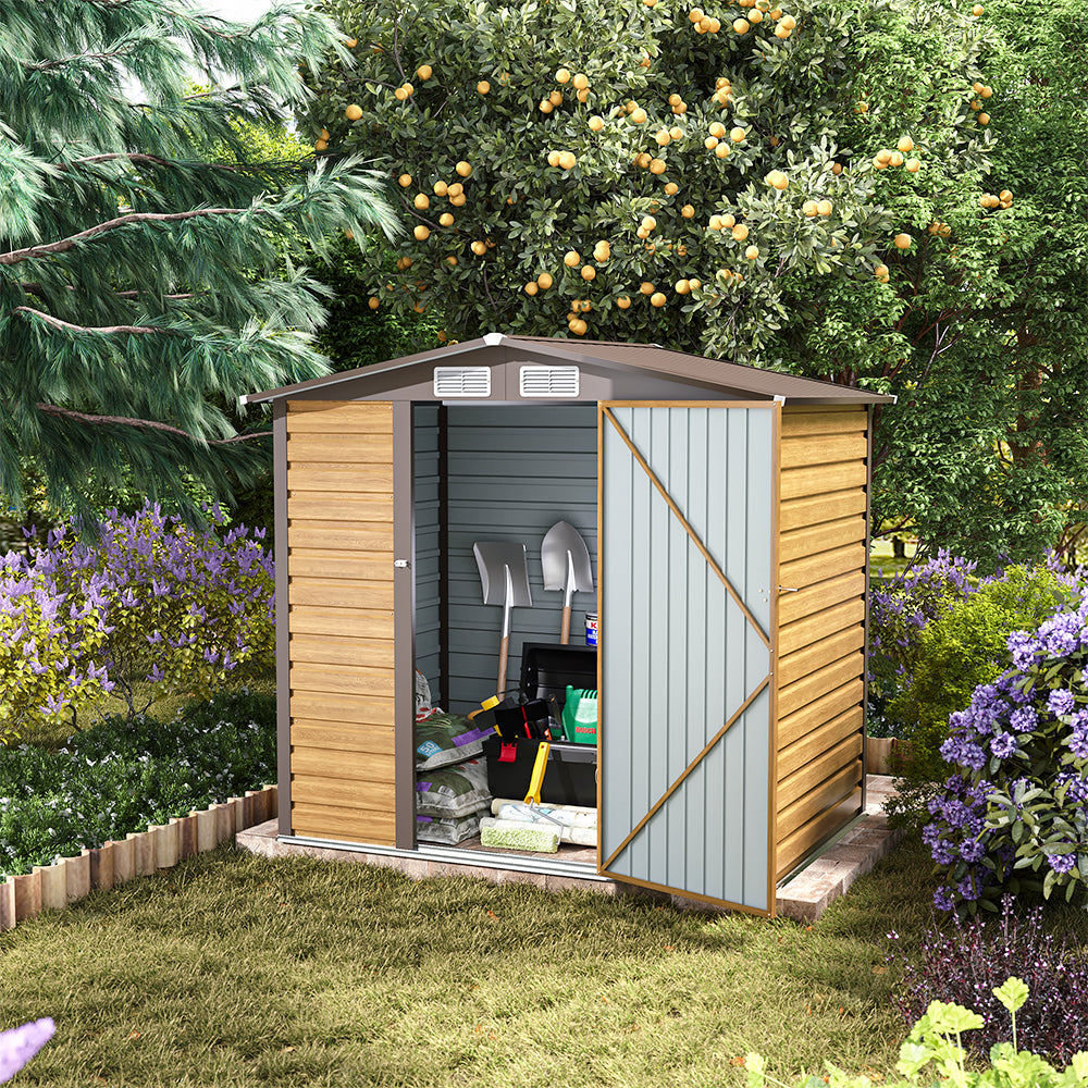 6 x 4 ft Wood Effect Galvanised Steel Garden Storage Shed with Apex Roof