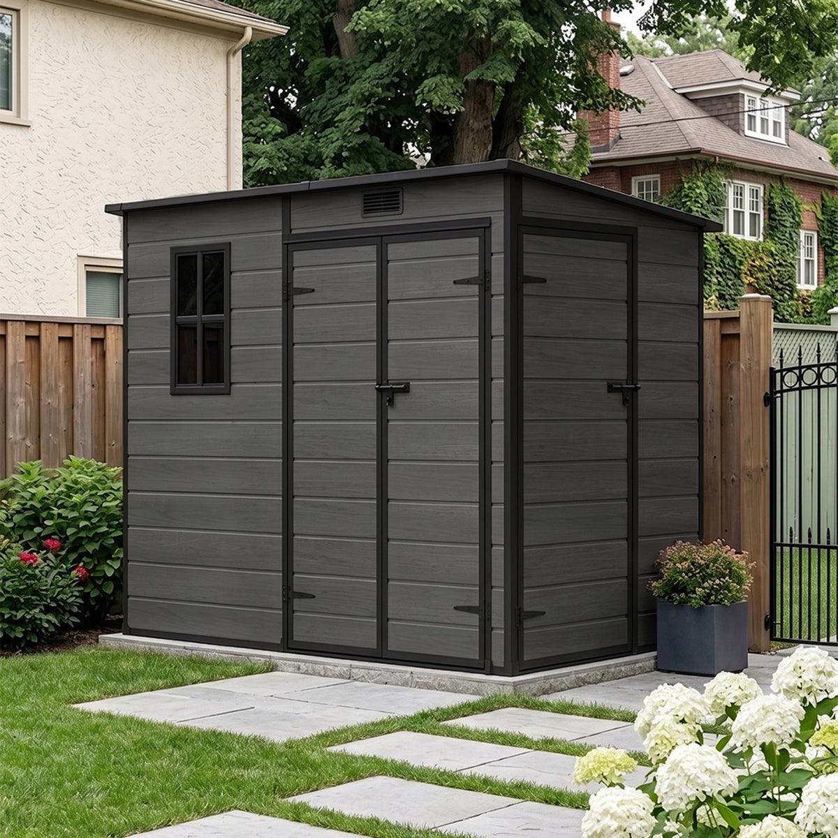 8 x 4 ft Plastic Garden Storage Shed with Pent Roof, Double Doors & Side Door