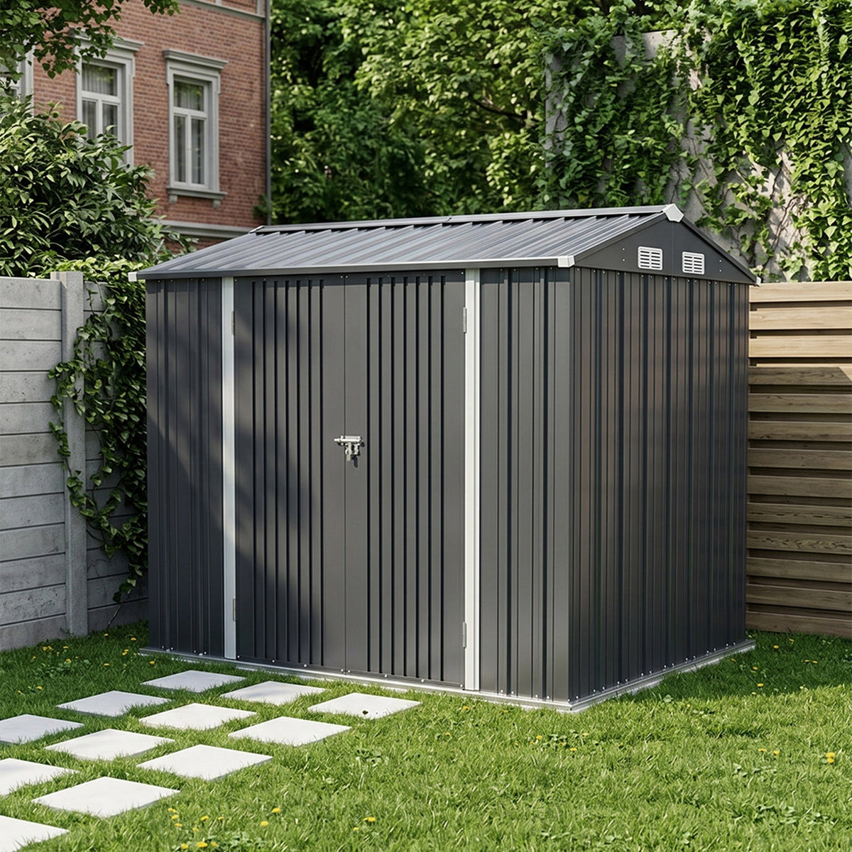 10 x 7 ft Metal Garden Storage Shed with Apex Roof & Double Doors