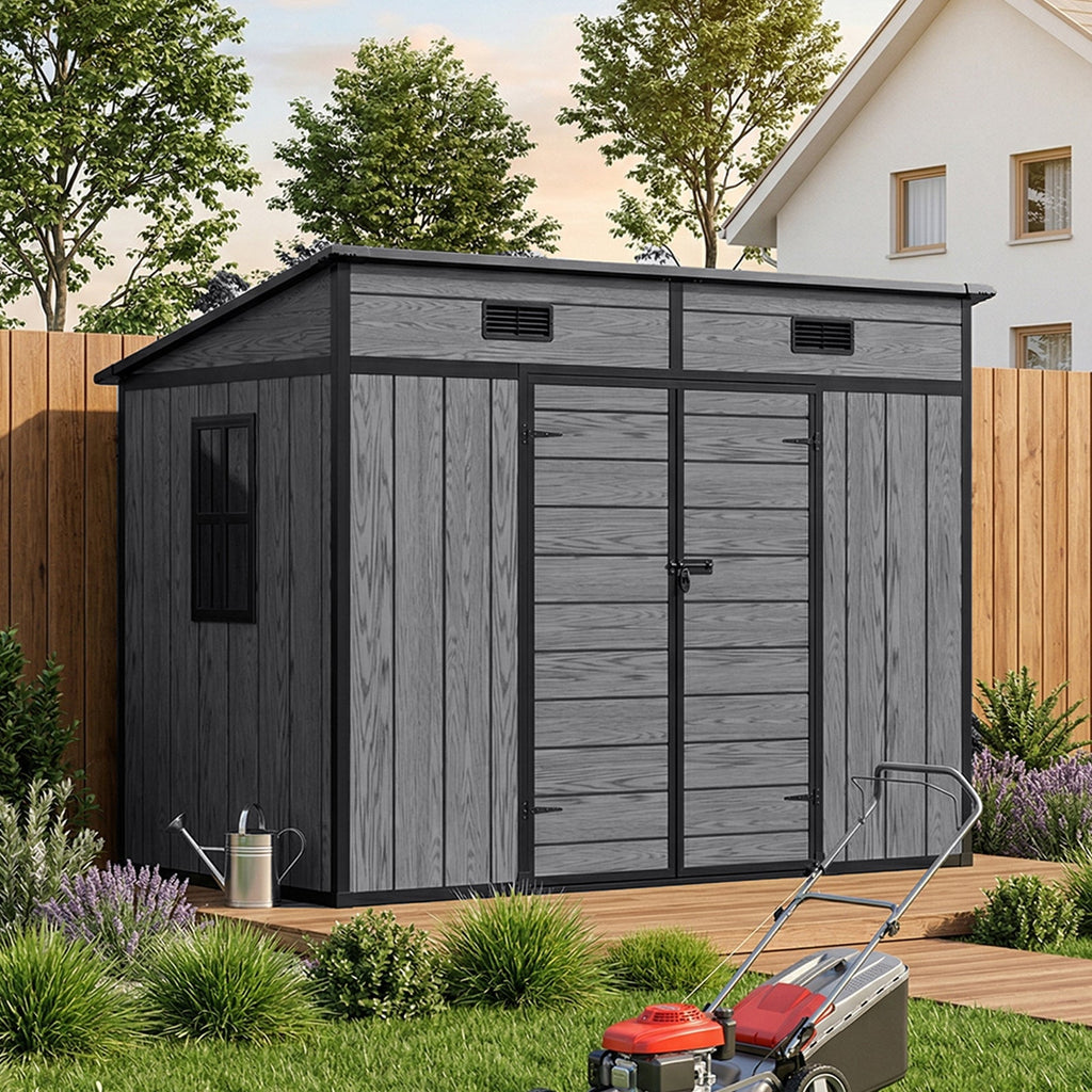 8 x 4 ft Plastic Garden Storage Shed with Pent Roof & Double Doors