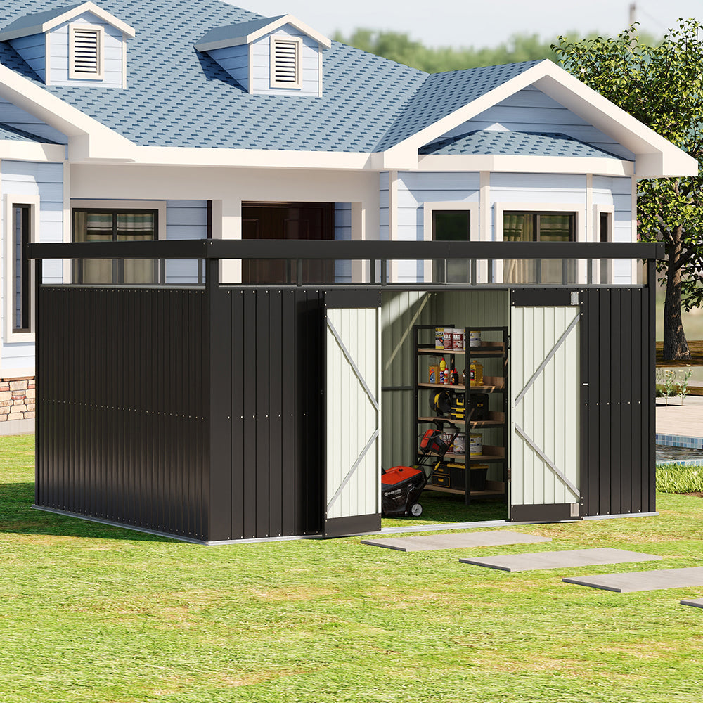 13 x 10 ft Metal Garden Storage Shed with Flat Roof & Padlockable Double Doors