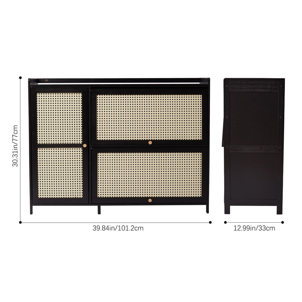 3-Door Rattan-Style Shoe Cabinet with Flip-Down Storage