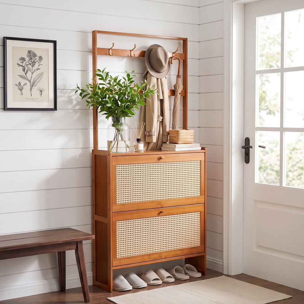 Bamboo Entryway Shoe Cabinet with Double-Row Hooks & Flip-down Shoe Trays