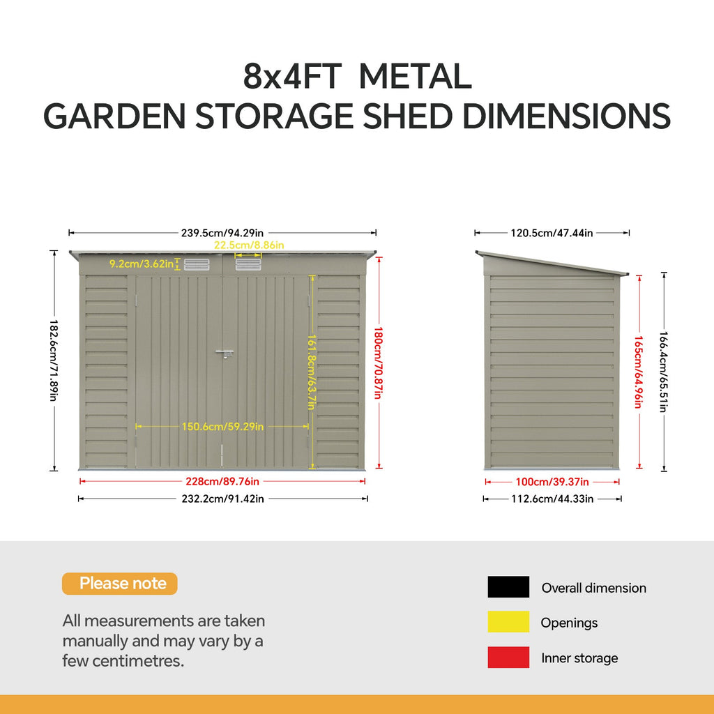 8 x 4 ft Metal Garden Storage Shed with Pent Roof & Padlockable Double Doors