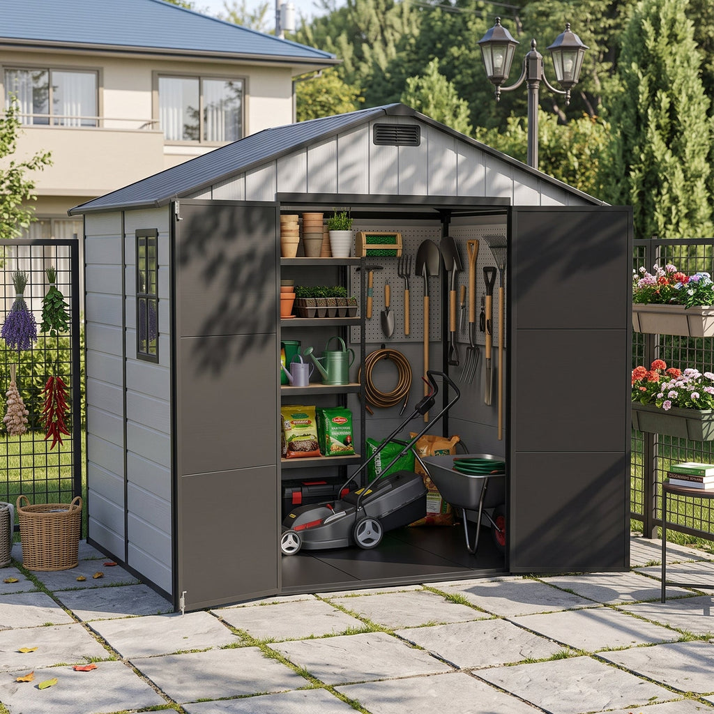 8 x 6 ft Plastic Garden Storage Shed with Apex Roof & Double Doors