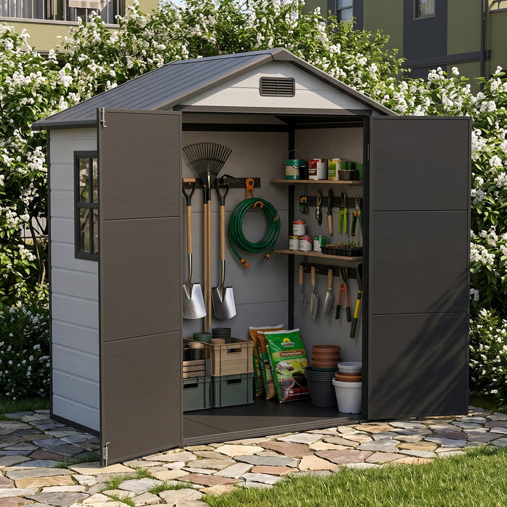 6 x 4 ft Plastic Garden Storage Shed with Apex Roof & Padlockable Double Doors