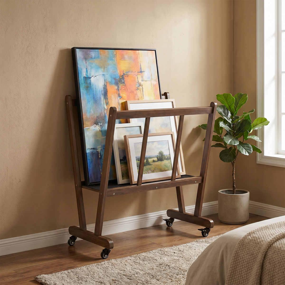 Wooden Canvas Print Storage Rack with Castors