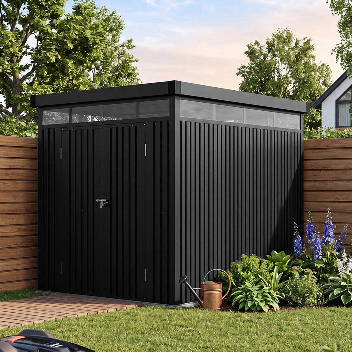 2 x 2.6m Metal Garden Storage Shed with Flat Roof & Lockable Double Doors
