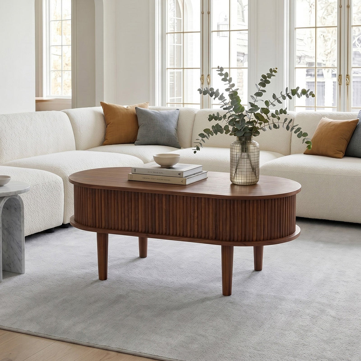 Wooden Oval Lift-Top Coffee Table with Hidden Compartment