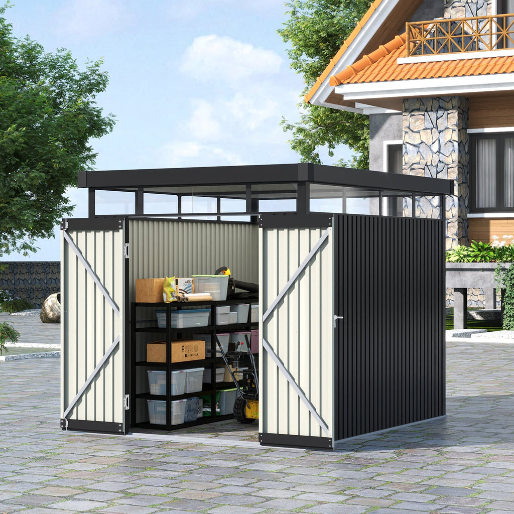 2 x 2.6m Metal Garden Storage Shed with Flat Roof & Lockable Double Doors