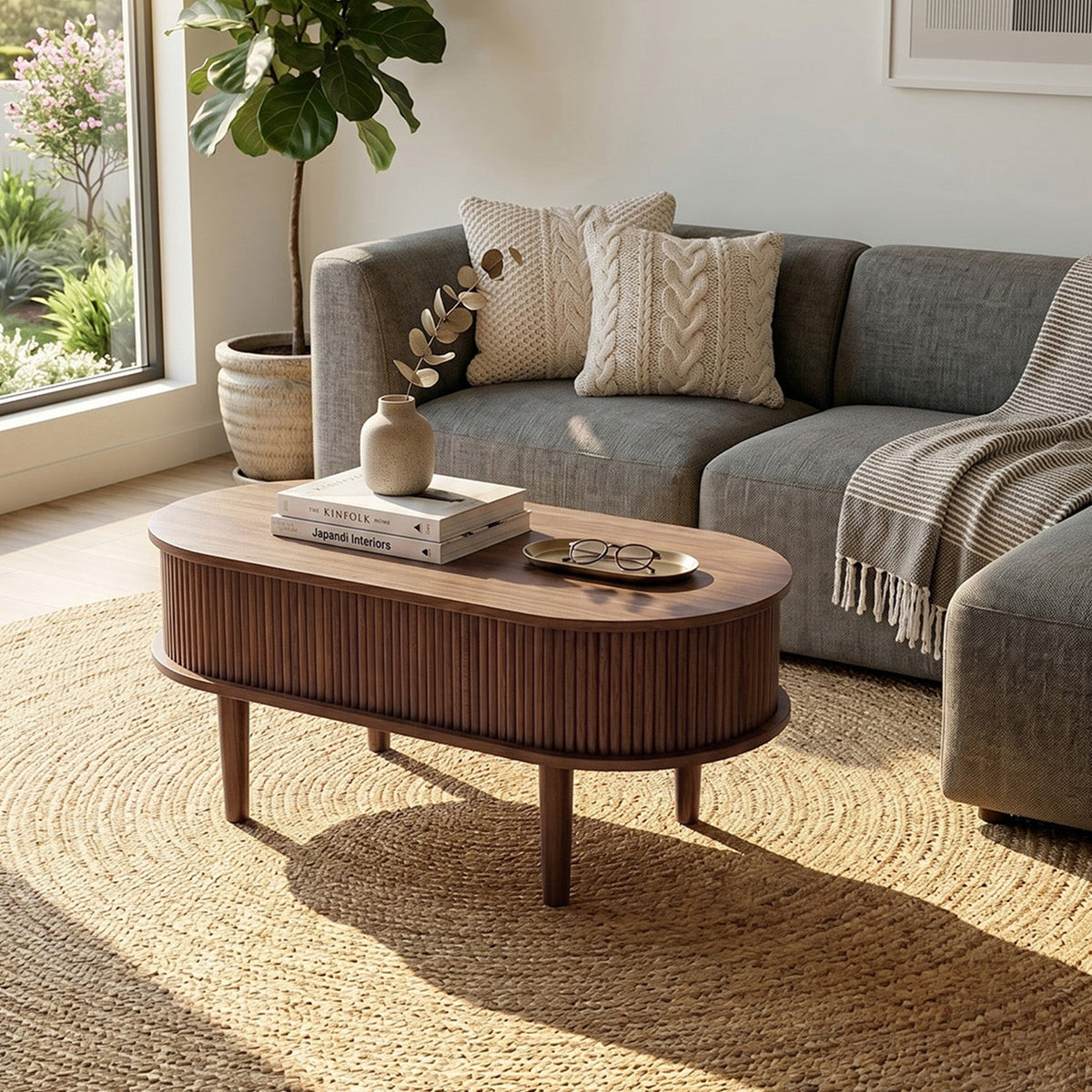 Wooden Oval Lift-Top Coffee Table with Hidden Compartment