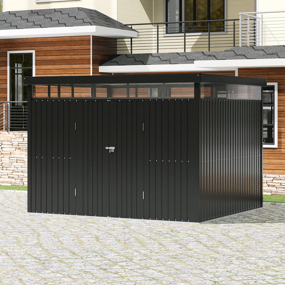 10 x 8 ft Metal Garden Storage Shed with Flat Roof & Double Doors