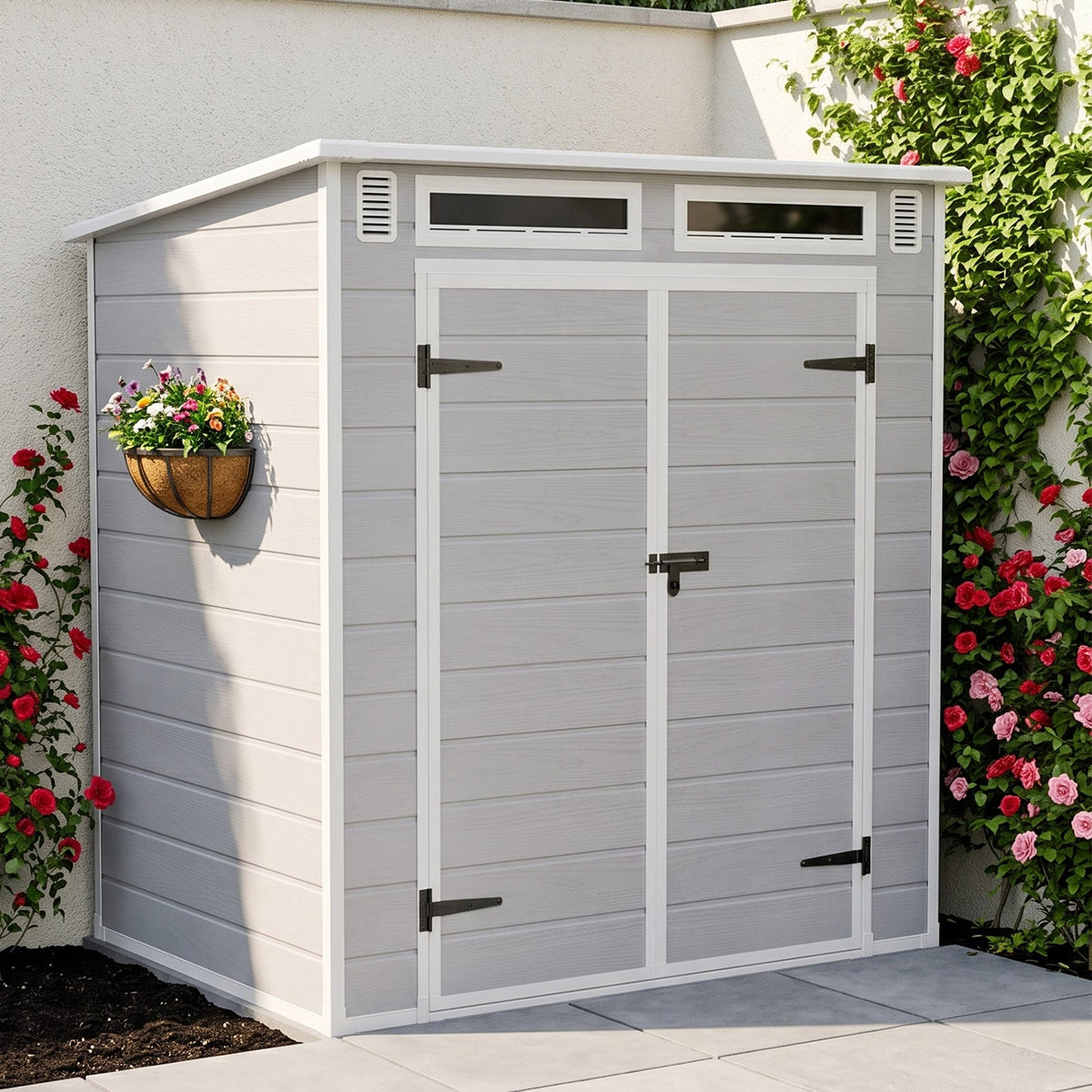 6 x 4 ft Plastic Garden Storage Shed with Pent Roof & Lockable Double Doors