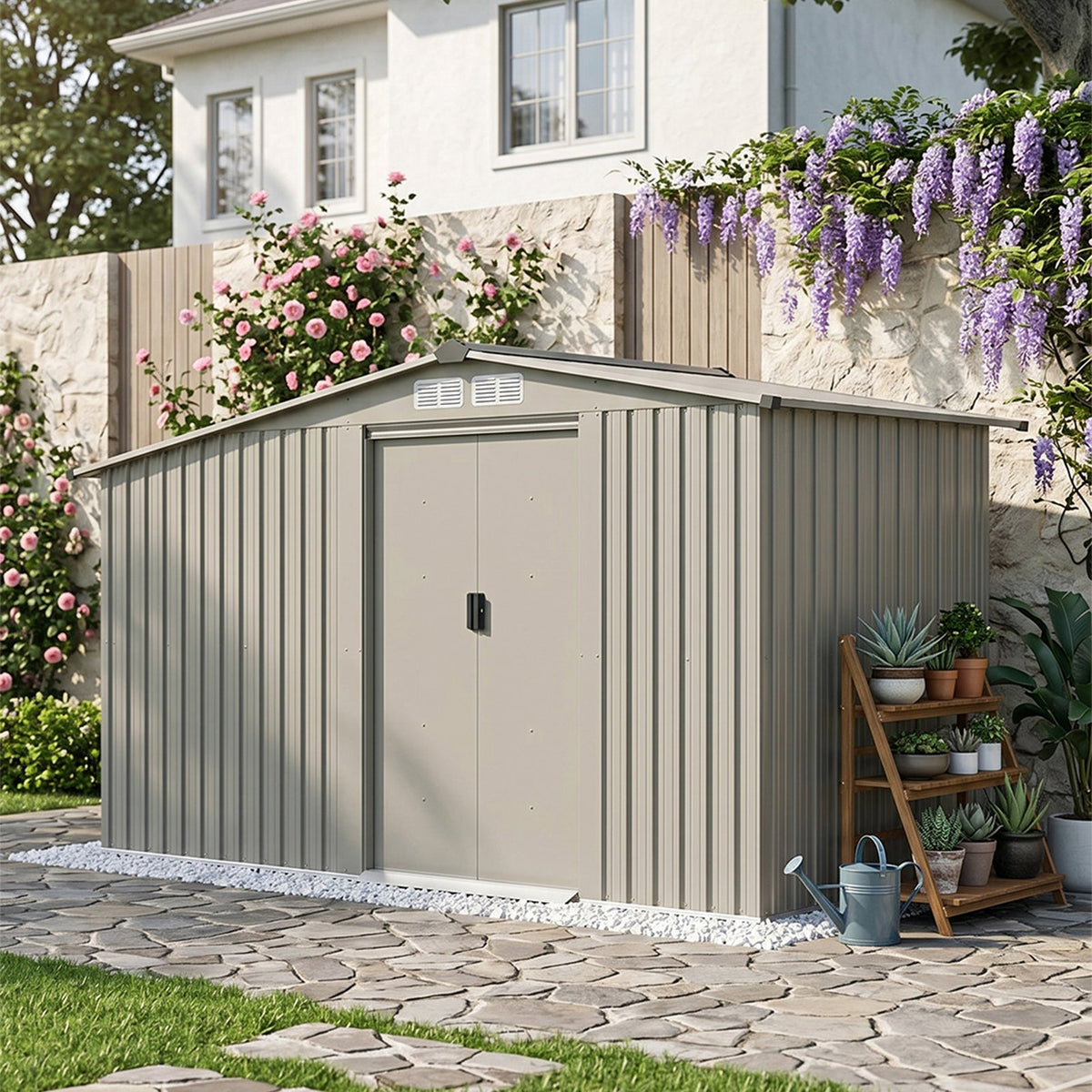 8 x 4 ft Metal Garden Storage Shed with Integrated Log Store & Apex Roof