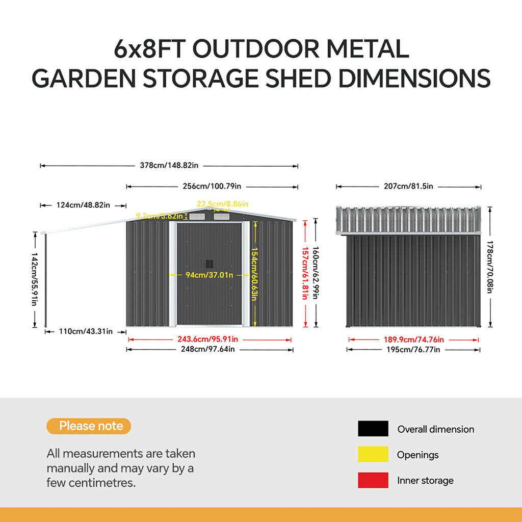 8 x 6 ft Metal Garden Storage Shed with Apex Roof & 4 ft Side Lean-to