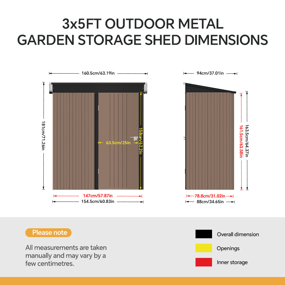 5 x 3 ft Steel Garden Storage Shed with Pent Roof & Lockable Door