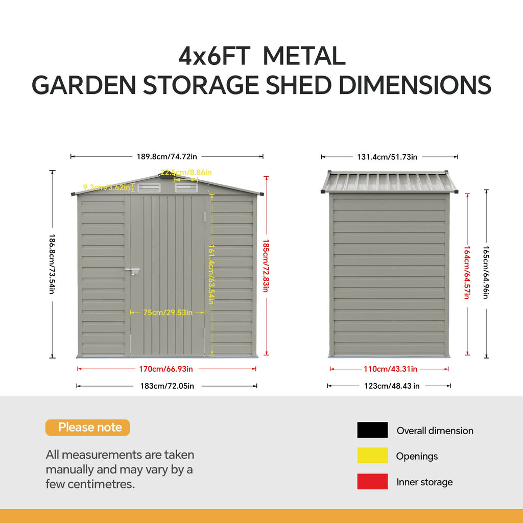 6 x 4 ft Metal Garden Storage Shed with Apex Roof & Padlockable Door