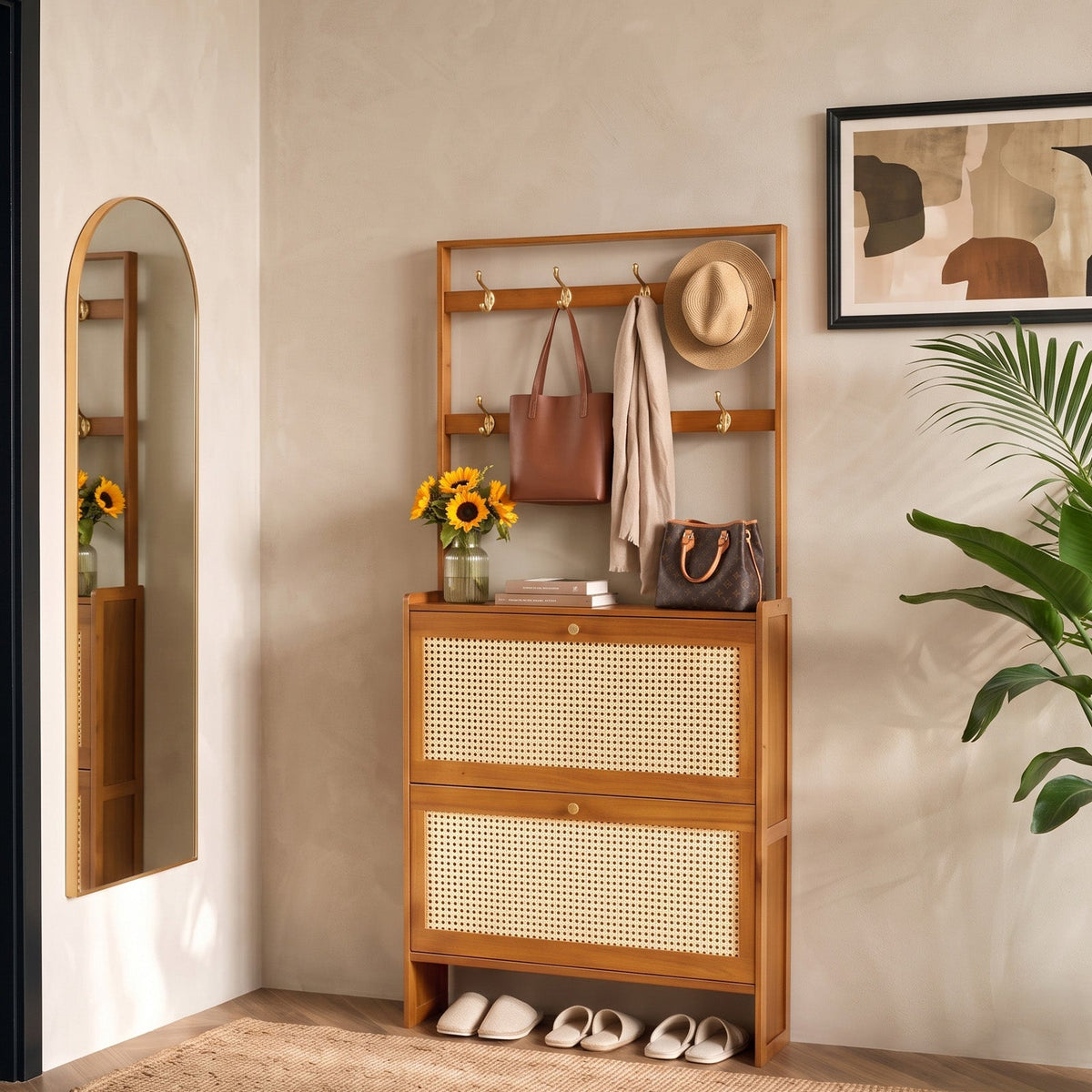 Bamboo Entryway Shoe Cabinet with Double-Row Hooks & Flip-down Shoe Trays