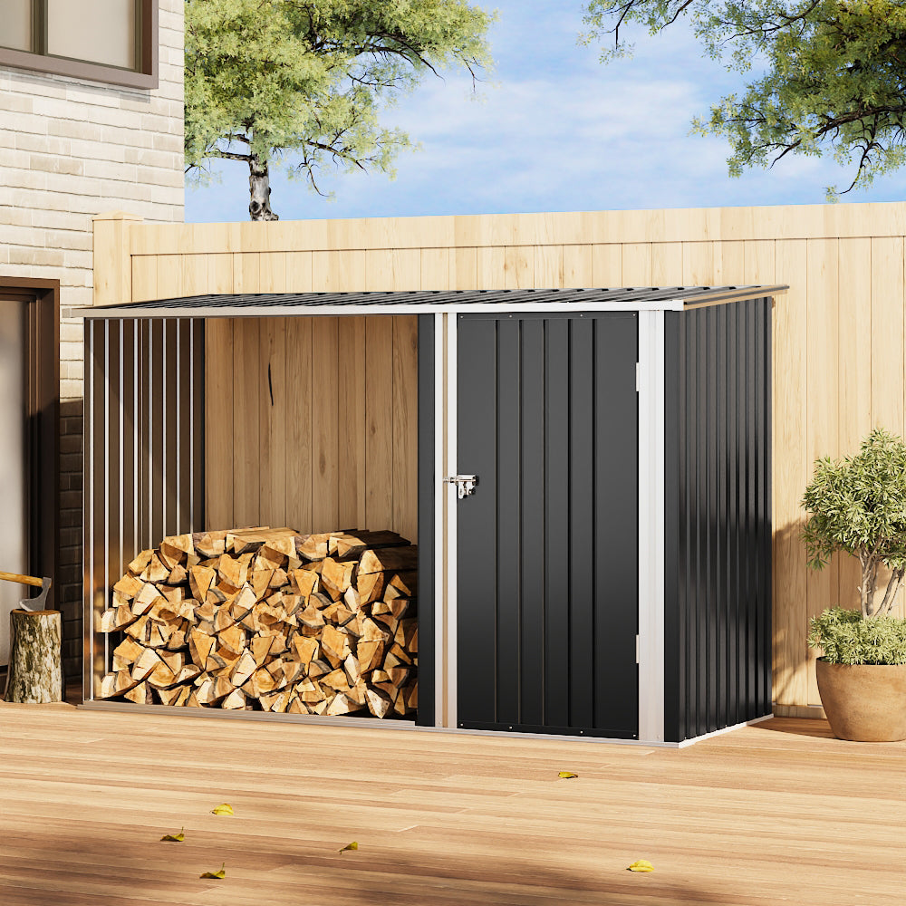 Steel Garden Storage Shed with Integrated Log Store & Pent Roof