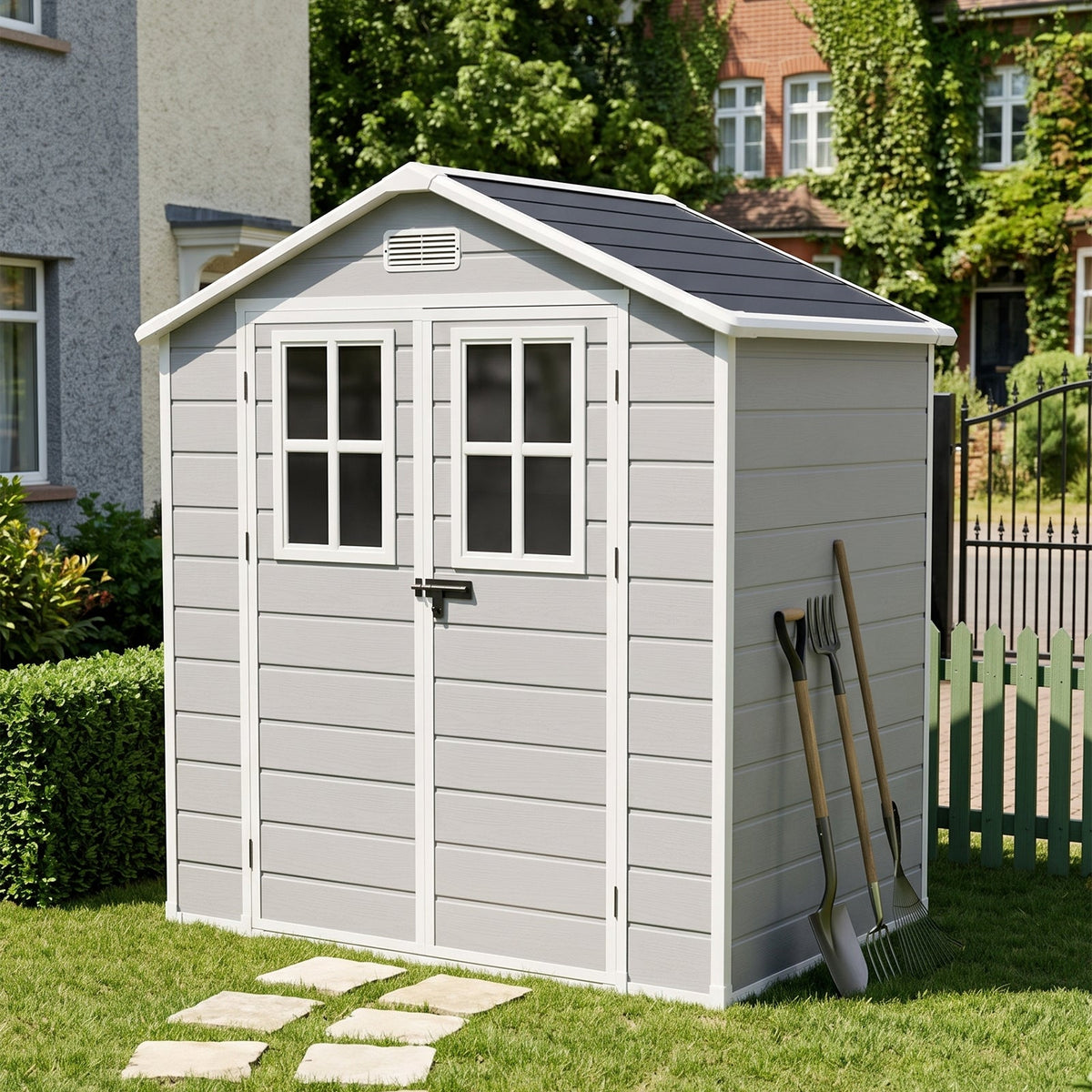 6 x 4 ft Plastic Garden Shed with Apex Roof & Lockable Double Doors