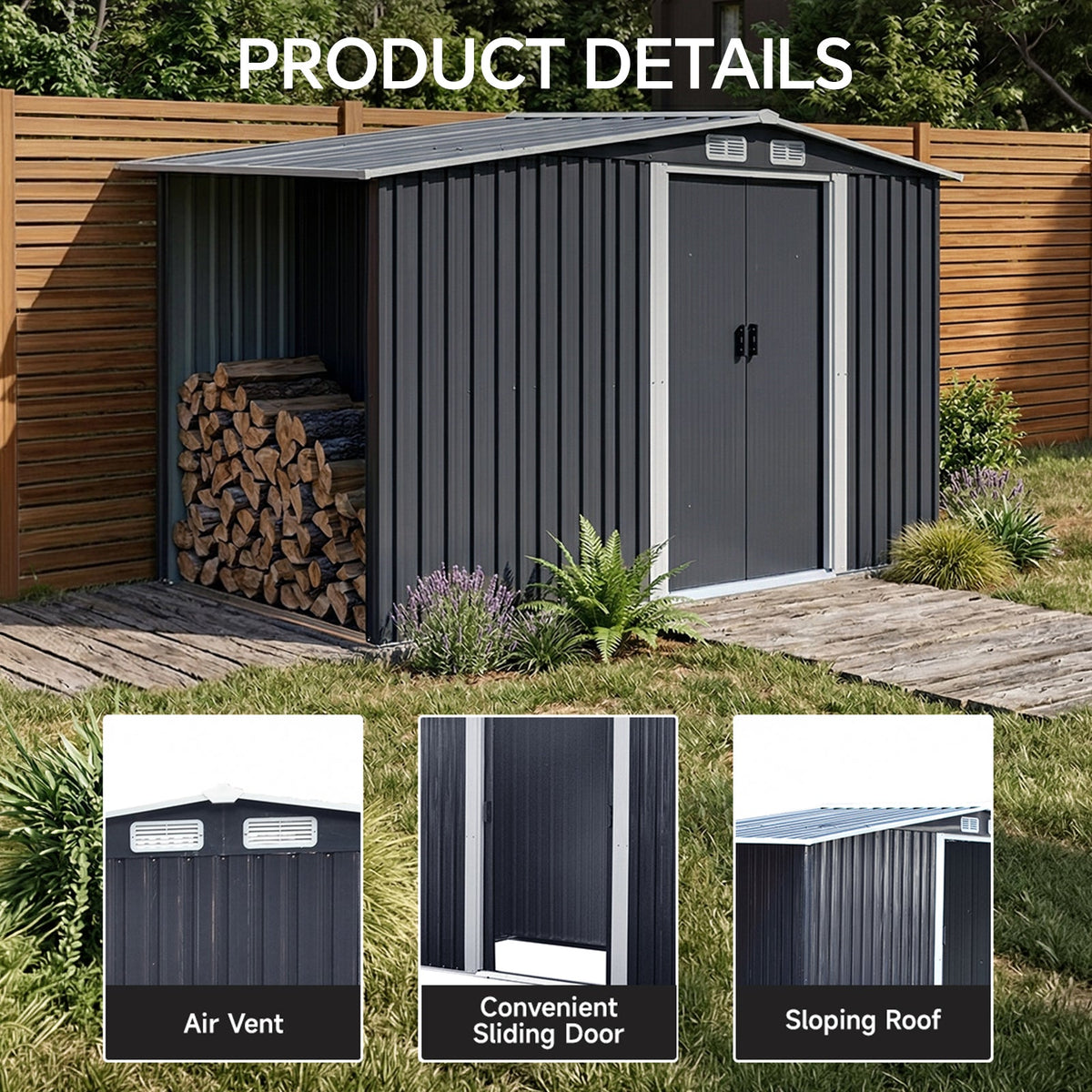 Metal Garden Storage Shed with Apex Roof & Integrated Log Store