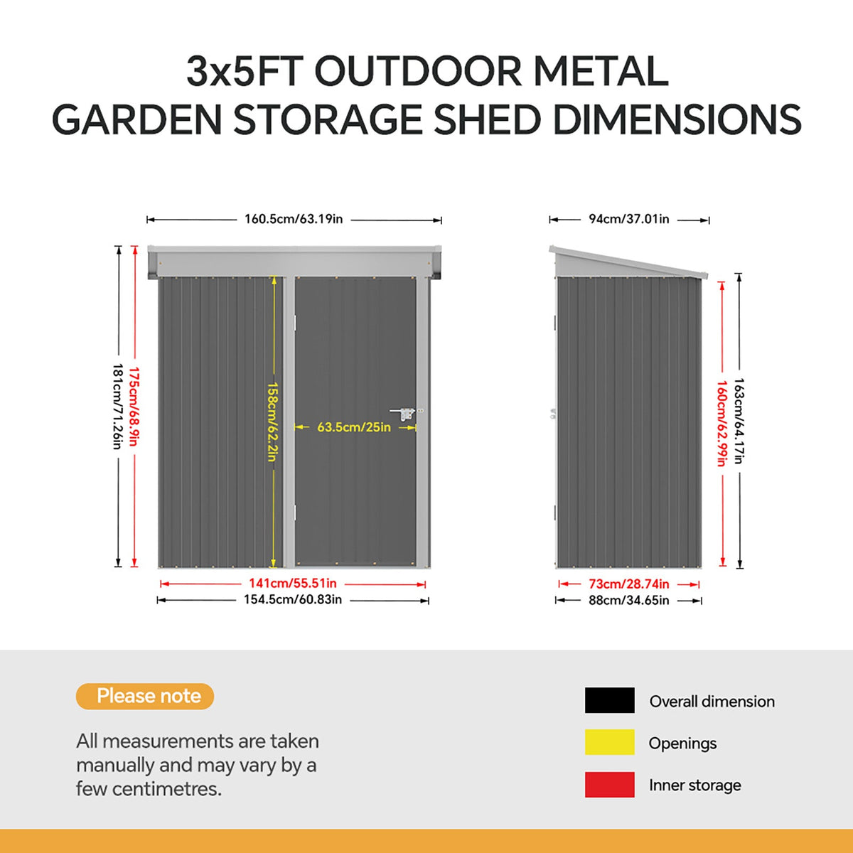 5 x 3 ft Metal Garden Storage Shed with Pent Roof & Lockable Door