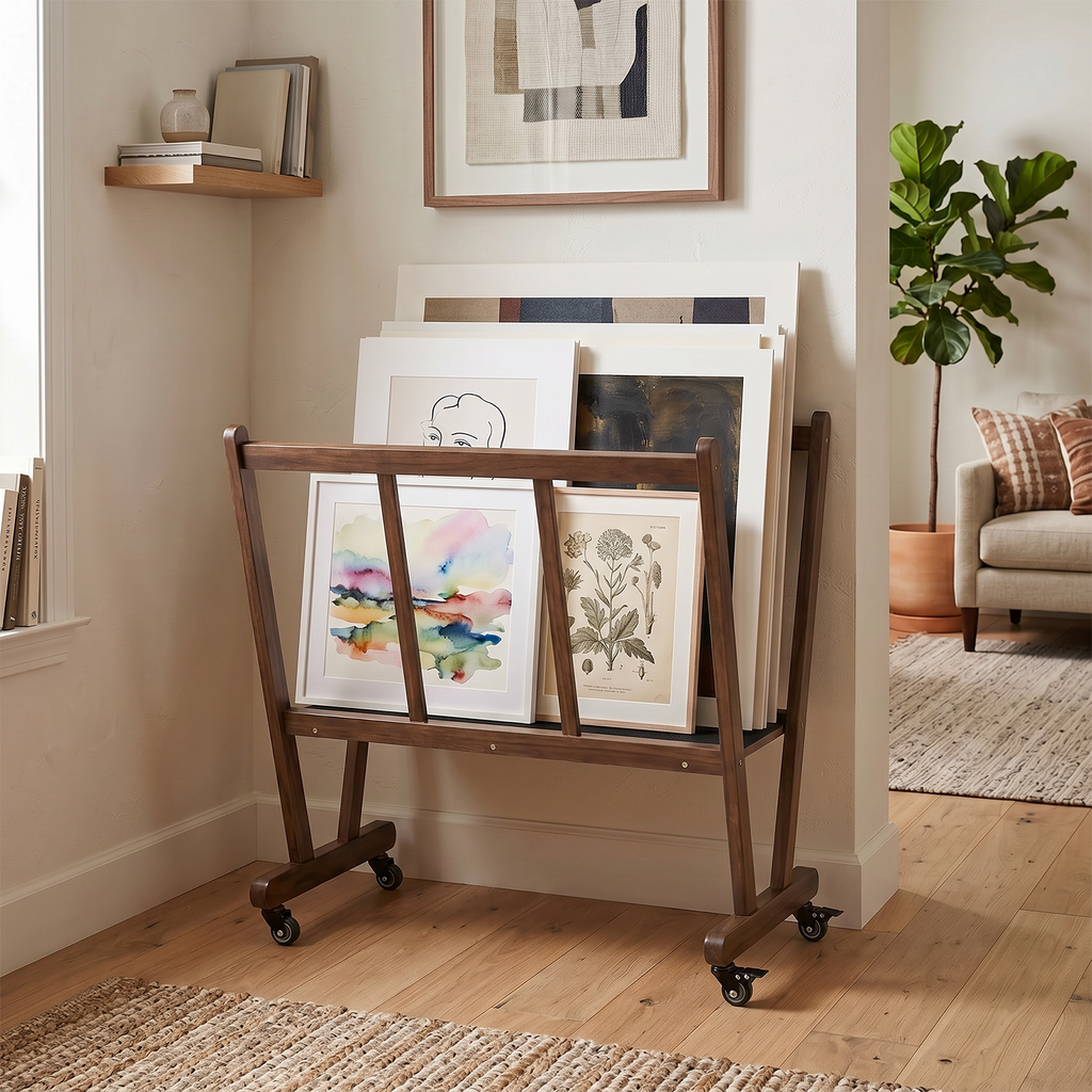 Wooden Canvas Print Storage Rack with Castors