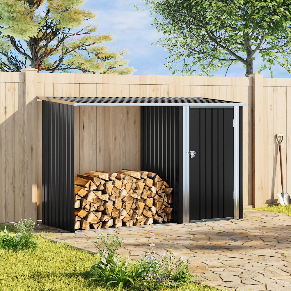 Steel Garden Storage Shed with Integrated Log Store & Pent Roof