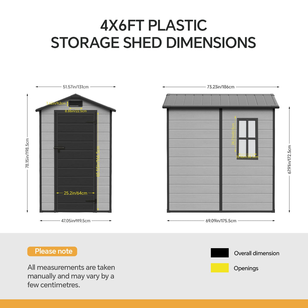 4 x 6 ft Plastic Garden Storage Shed with Apex Roof & Lockable Door