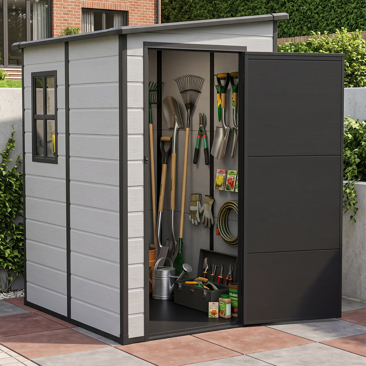 4 x 5 ft Plastic Garden Storage Shed with Pent Roof & Lockable Door