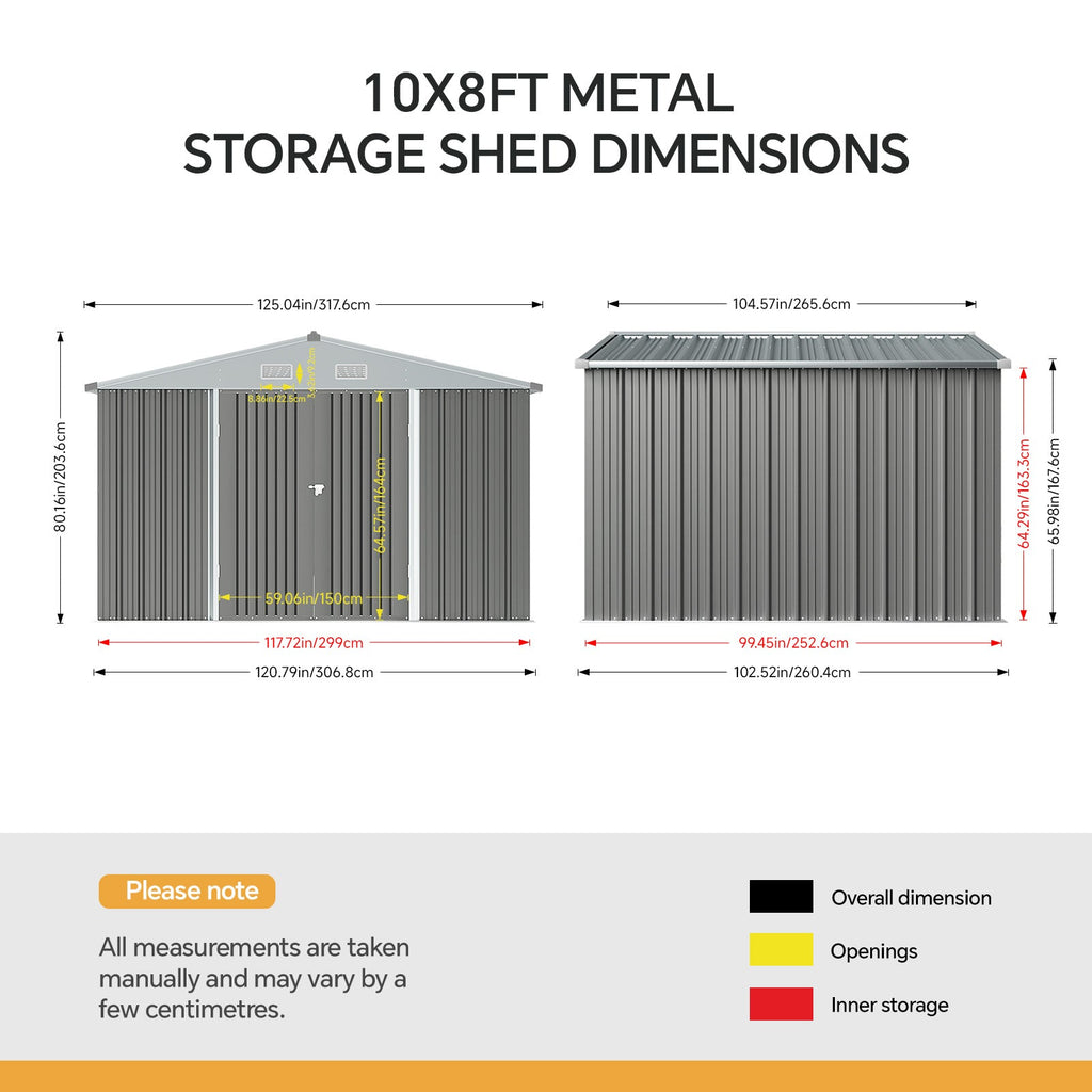 10 ft Wide Metal Garden Storage Shed with Apex Roof