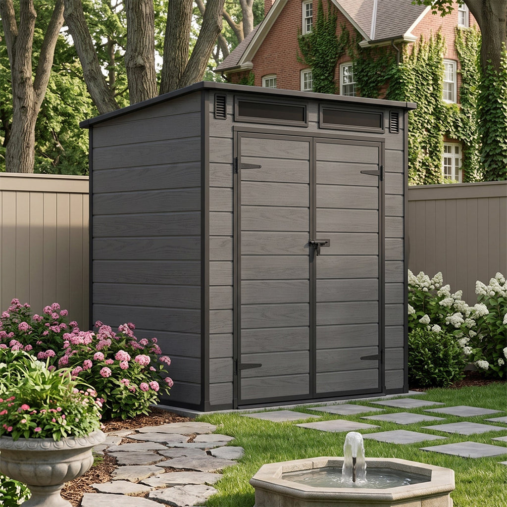 6 x 4 ft Plastic Garden Storage Shed with Pent Roof & Lockable Double Doors