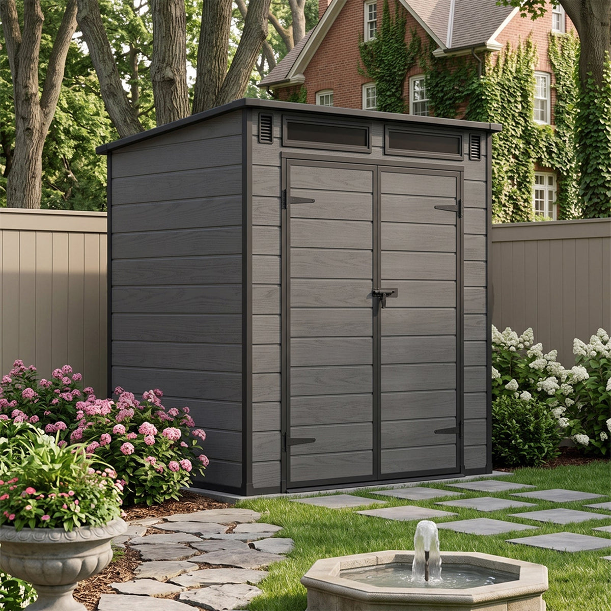 6 x 4 ft Plastic Garden Storage Shed with Pent Roof & Lockable Double Doors