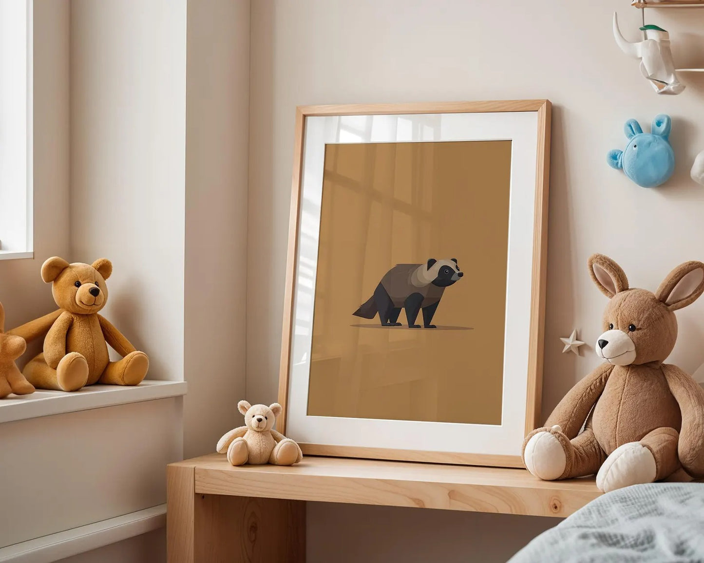 Modern Badger Illustration Print, Cute Woodland Animal Wall Art for Kids Room