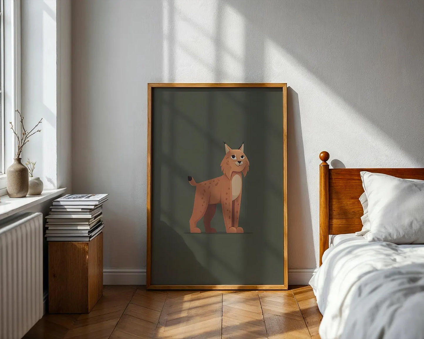Whimsical Lynx Illustration Print, Modern Woodland Animal Wall Art for Kids Room