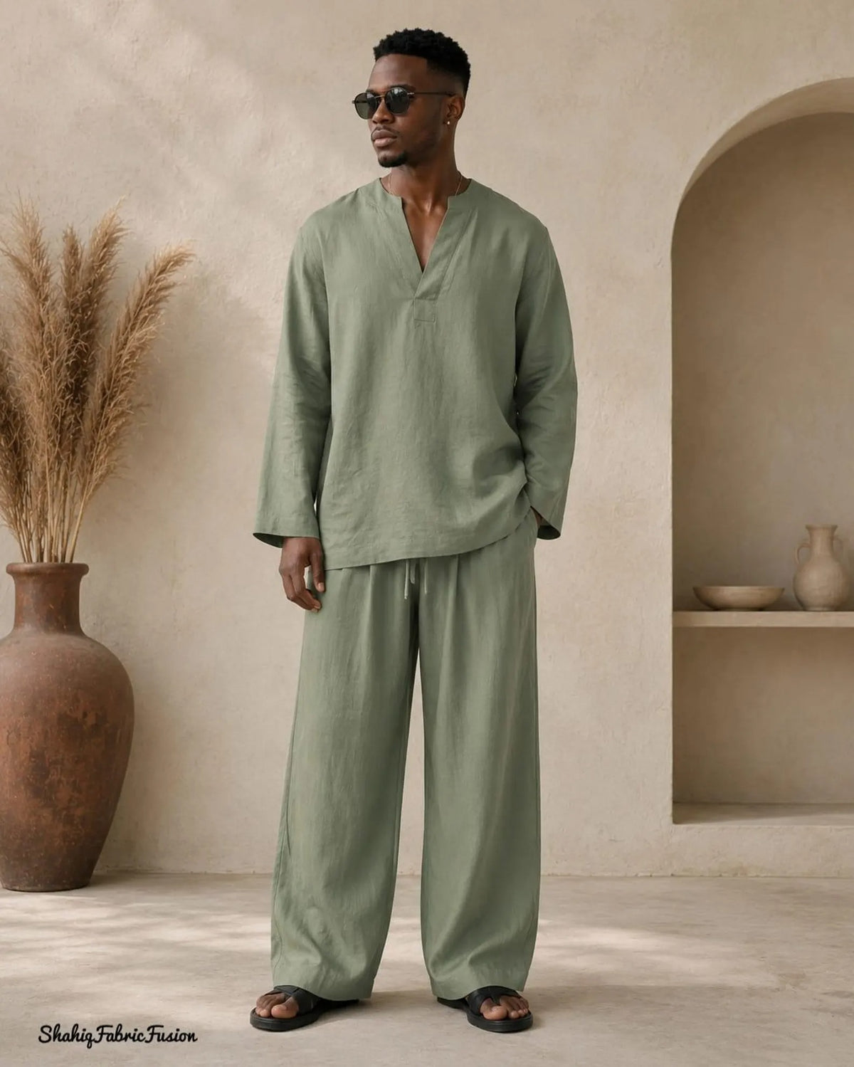 Sage Green Men’s Linen Kaftan Set, Relaxed Tunic and Pants Outfit