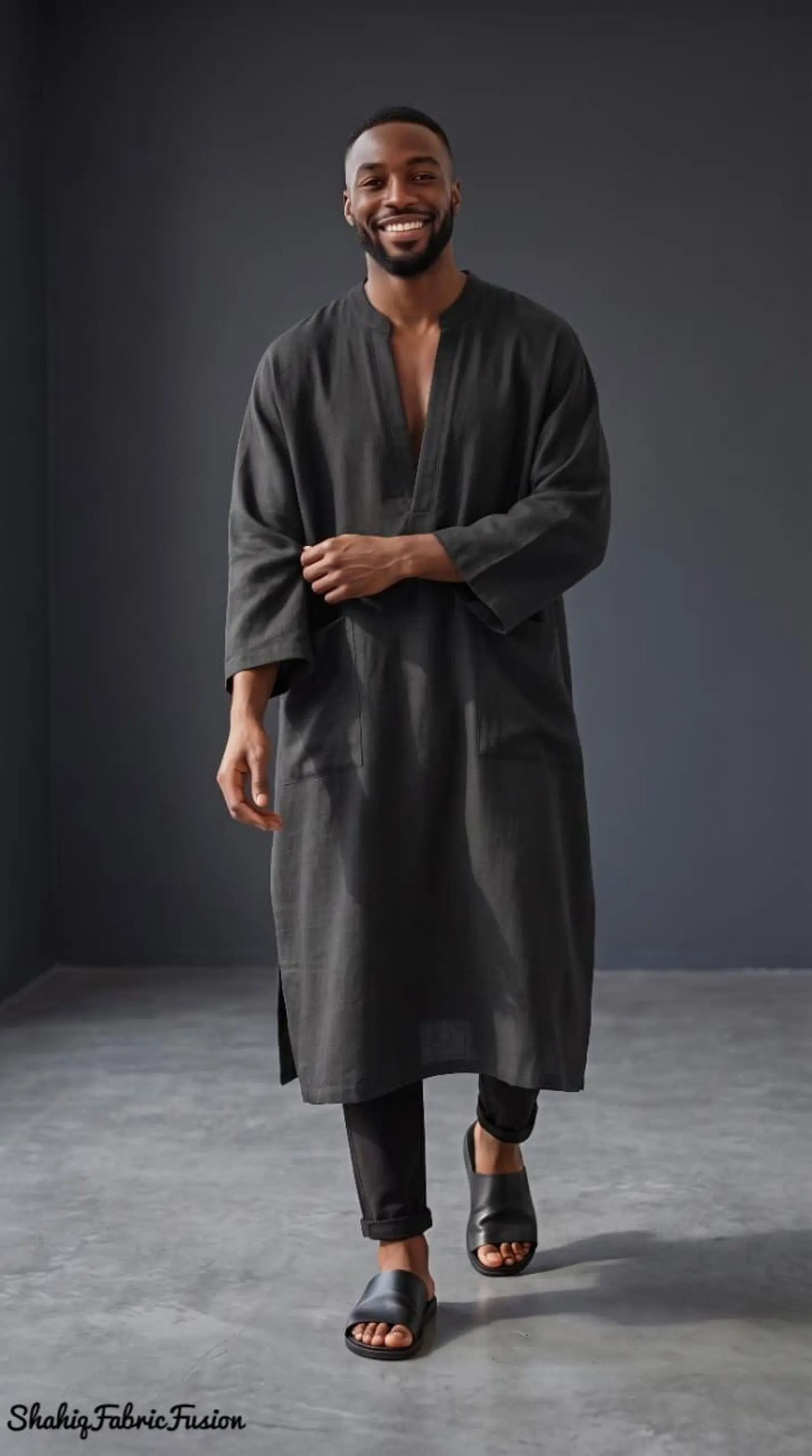 Men’s Black Linen Kaftan Robe, Custom-Made Loose Fit Tunic