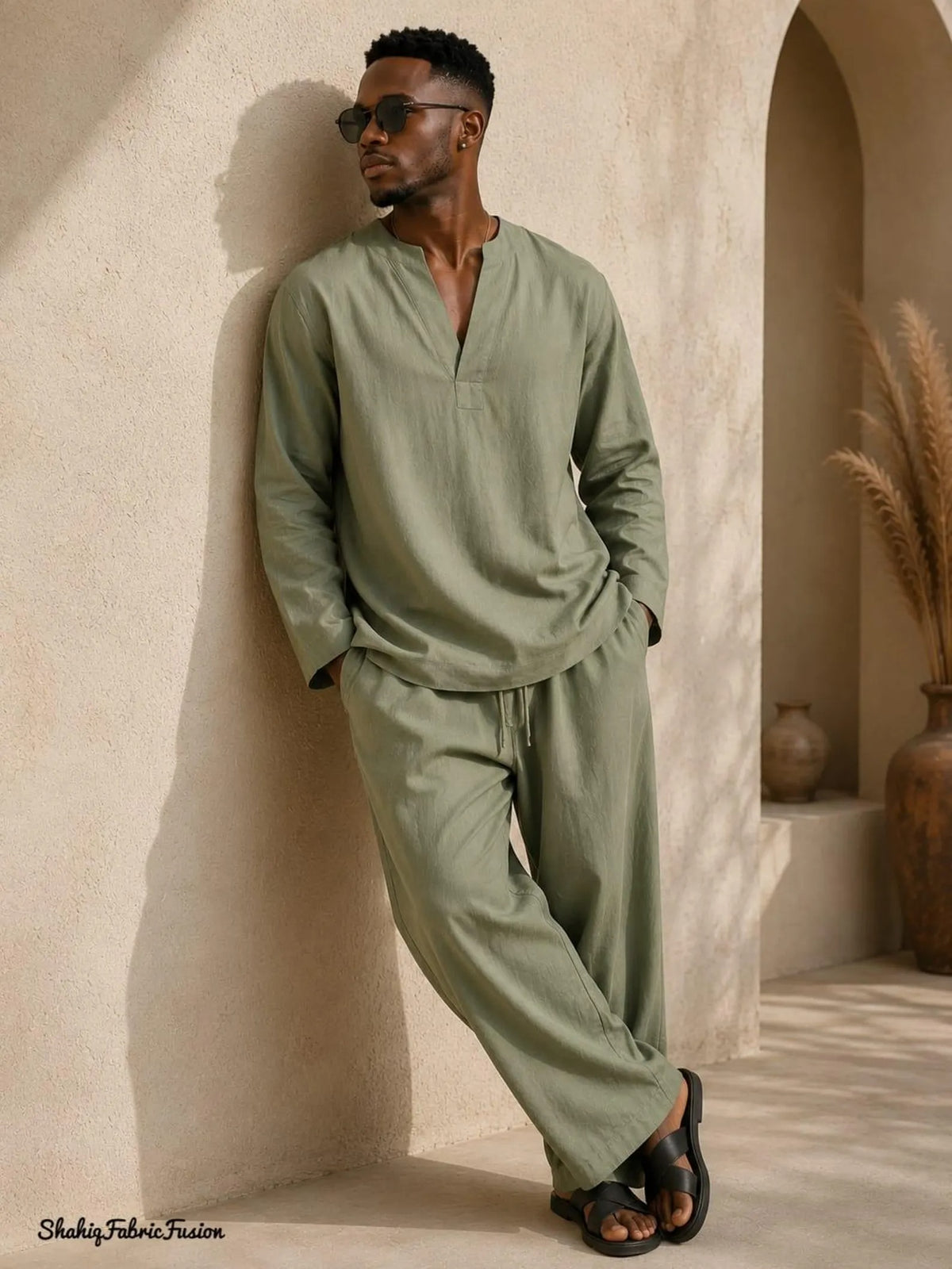Sage Green Men’s Linen Kaftan Set, Relaxed Tunic and Pants Outfit