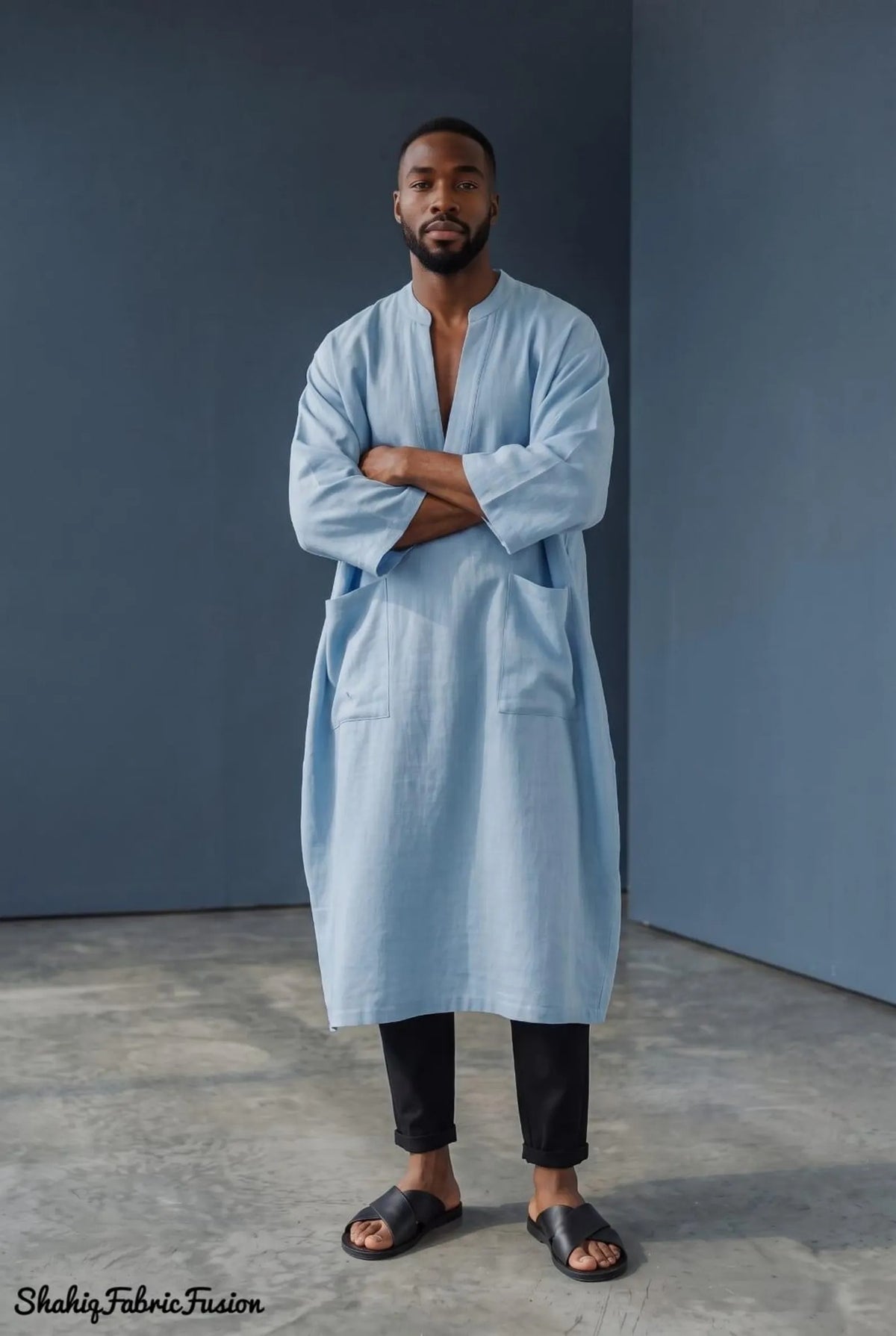 Men’s Sky Blue Linen Kaftan, Custom-Made Long Sleeve Tunic