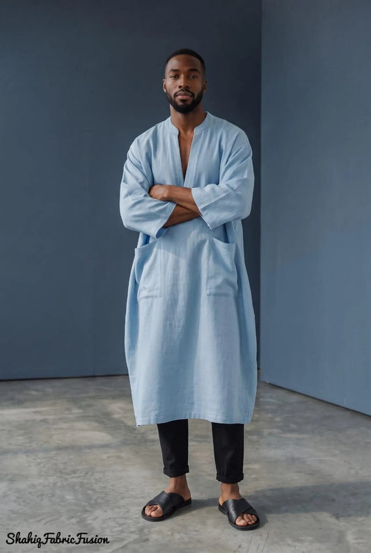 Men’s Sky Blue Linen Kaftan, Custom-Made Long Sleeve Tunic