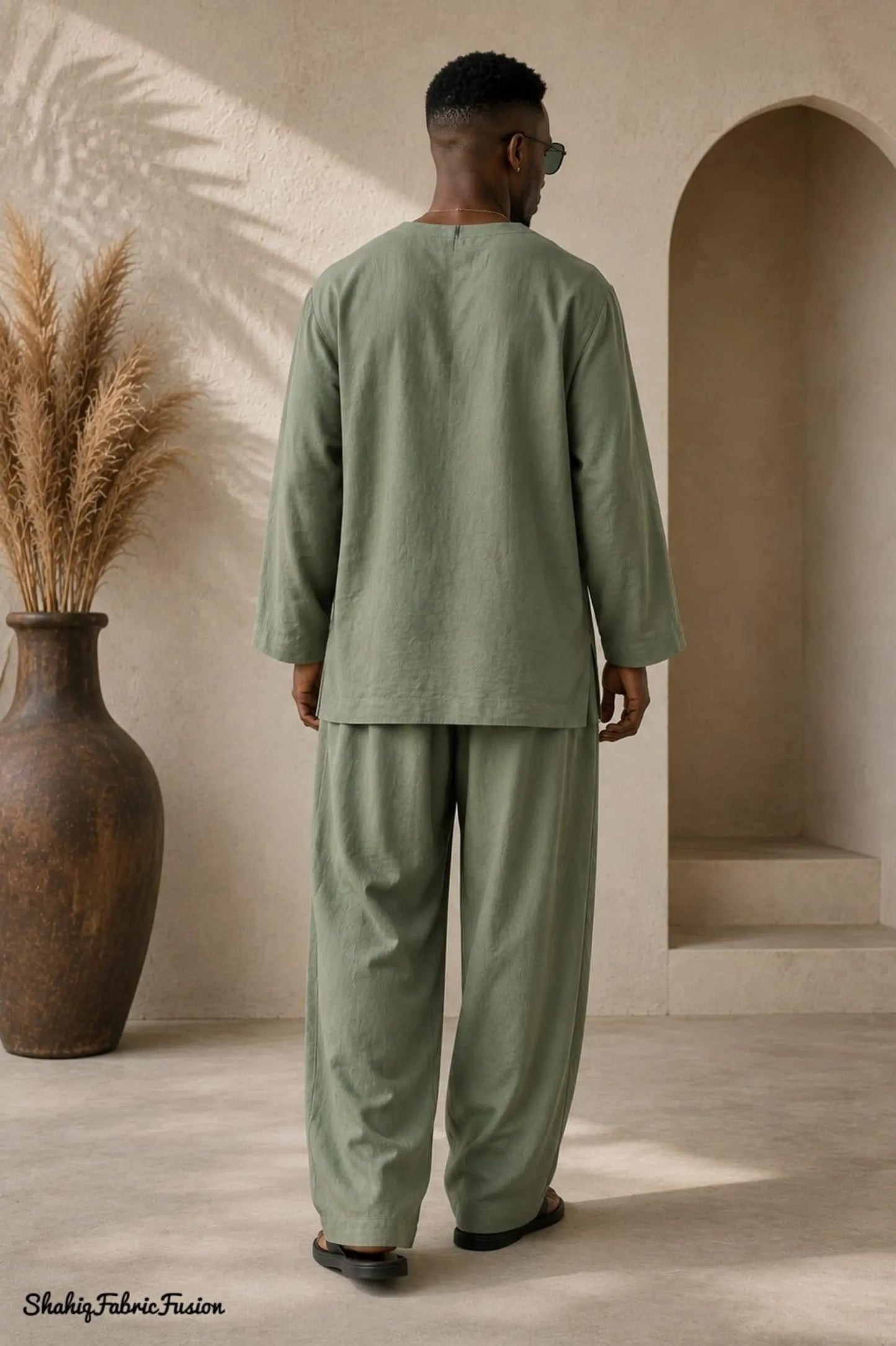 Sage Green Men’s Linen Kaftan Set, Relaxed Tunic and Pants Outfit